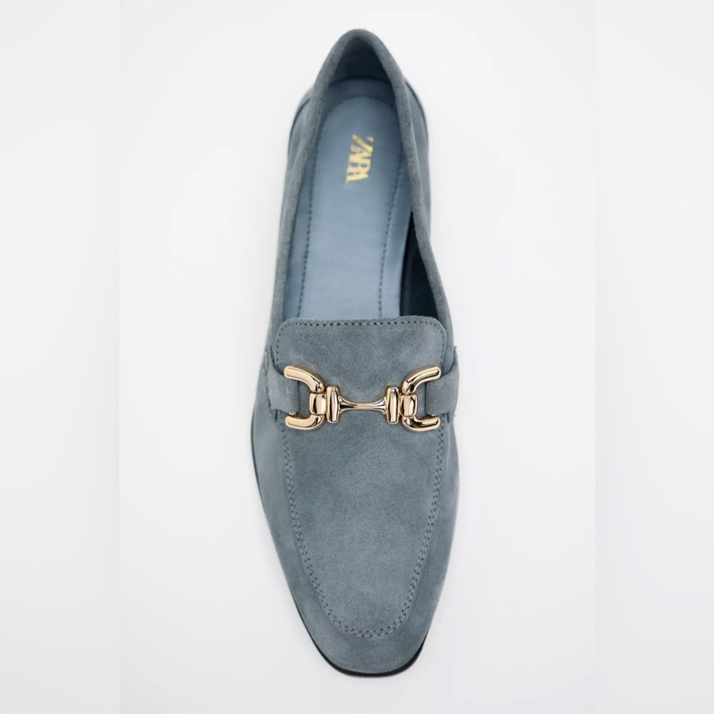 Zara Women’s Zara Chain Trim Leather Loafers Slate Blue with Gold Chain size 39
